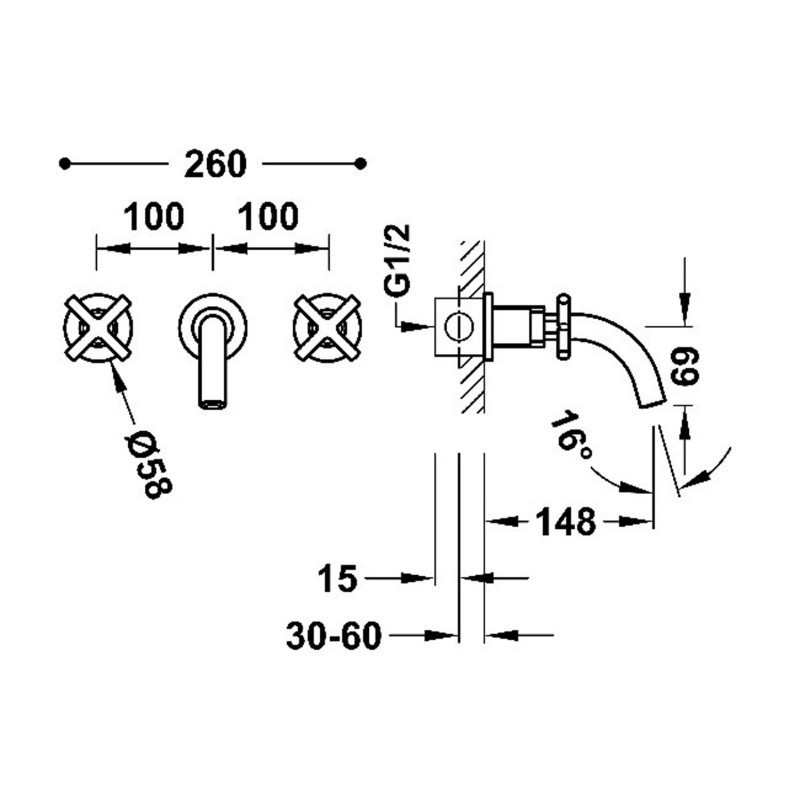 Tres Mont Blanc bateria umywalkowa podtynkowa, wylewka 15 cm złoty matowy 28330001OM