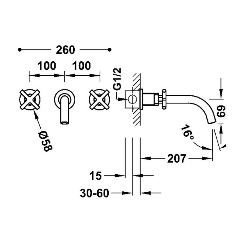 Tres Mont Blanc bateria umywalkowa podtynkowa, wylewka 20,7 cm chrom 28330002