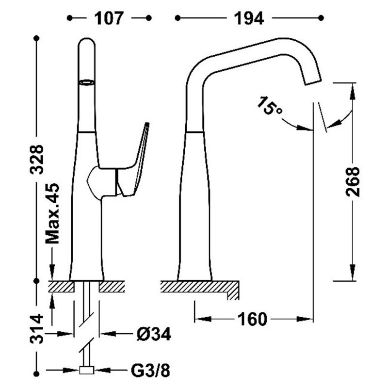 Tres Fuji bateria umywalkowa wysoka stal 28164701AC