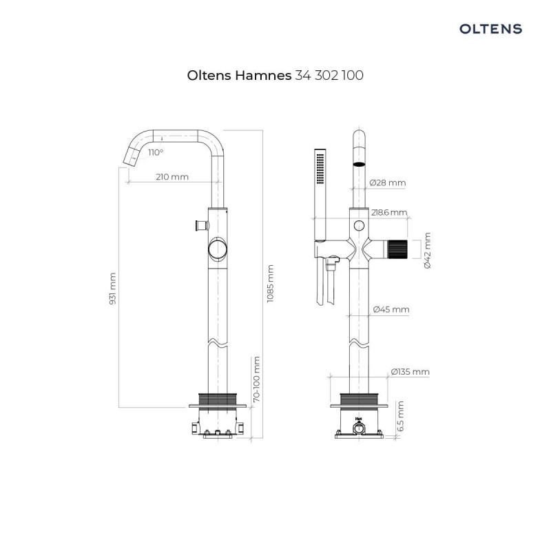Oltens Hamnes bateria wannowa wolnostojąca podłogowa czarny mat 34302300