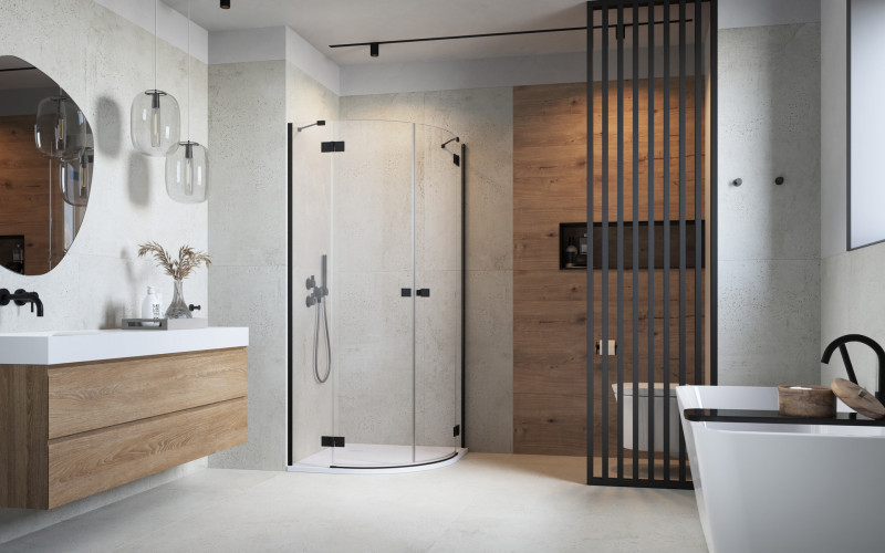 Radaway Essenza Black PDD kabina półokrągła asymetryczna 100x80 drzwi otwierane czarny przeźroczyste Easy Clean 1385003-54-01L + 1385002-54-01R