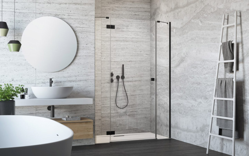 Radaway Essenza Black DWJS drzwi wnękowe otwierane 130 cm lewe czarny przeźroczyste Easy Clean 1385032-54-01L + 1384090-01-01