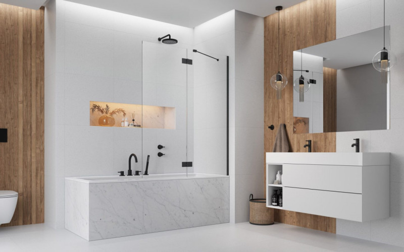 Radaway Essenza Black PND II parawan nawannowy dwuczęściowy 140 cm prawy czarny przeźroczyste Easy Clean 110002140-54-01R