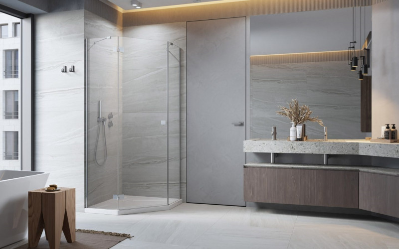 Radaway Essenza PTJ kabina pięciokątna 80x100 drzwi otwierane lewe na krótkiej ściance chrom przeźroczyste Easy Clean 1385010-01-01L + 1385054-01-01