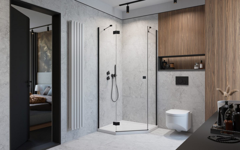 Radaway Essenza Black PTJ kabina pięciokątna 90x80 drzwi otwierane lewe na długiej ściance czarny przeźroczyste Easy Clean 1385010-54-01L + 1385053-01-01