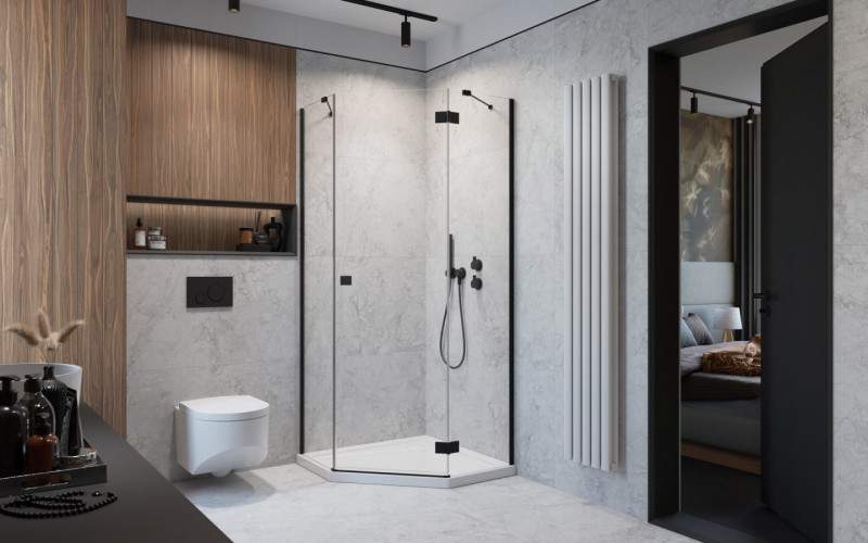 Radaway Essenza Black PTJ kabina pięciokątna 80x80 drzwi otwierane prawe czarny przeźroczyste Easy Clean 1385010-54-01R + 1385049-01-01