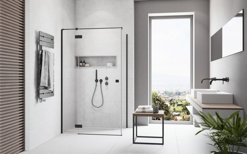 Radaway Essenza Black KDJ kabina kwadratowa 90x90 drzwi otwierane lewe 90 + ścianka 90 czarny przeźroczyste Easy Clean 1385044-54-01L + 1384050-01-01