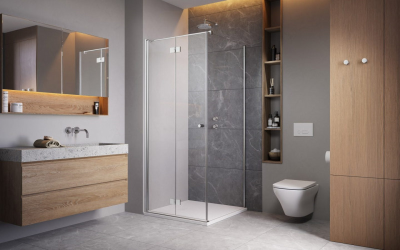 Radaway Essenza KDJ B kabina kwadratowa 80x80 drzwi składane lewe 80 + ścianka 80 chrom przeźroczyste Easy Clean 1385081-01-01L + 1384051-01-01