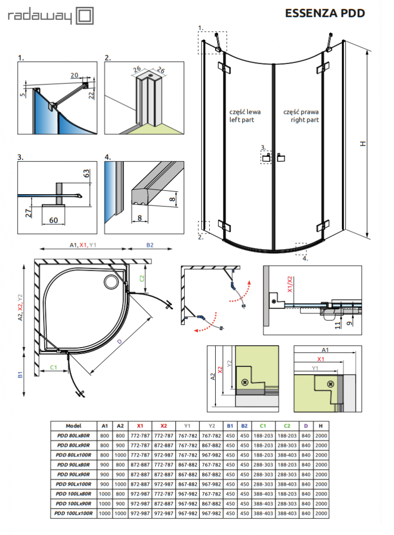 Radaway Essenza PDD kabina półokrągła asymetryczna 100x90 drzwi otwierane chrom przeźroczyste Easy Clean 1385003-01-01L + 1385001-01-01R