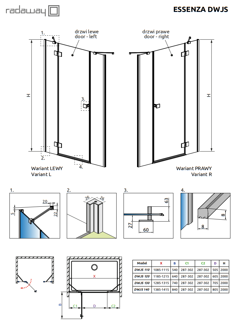 Radaway Essenza DWJS drzwi wnękowe otwierane 110 cm lewe chrom przeźroczyste Easy Clean 1385030-01-01L + 1384090-01-01