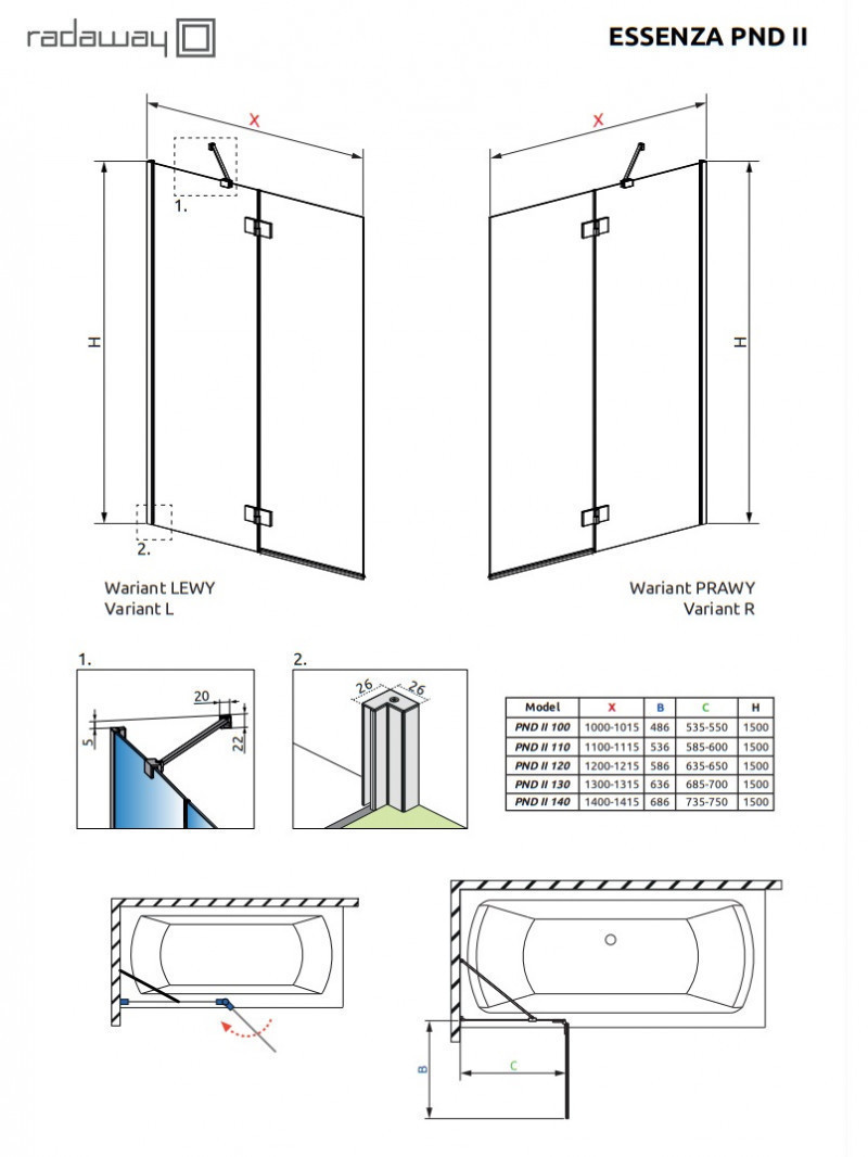 Radaway Essenza PND II parawan nawannowy dwuczęściowy 140 cm lewy chrom przeźroczyste Easy Clean 110002140-01-01L