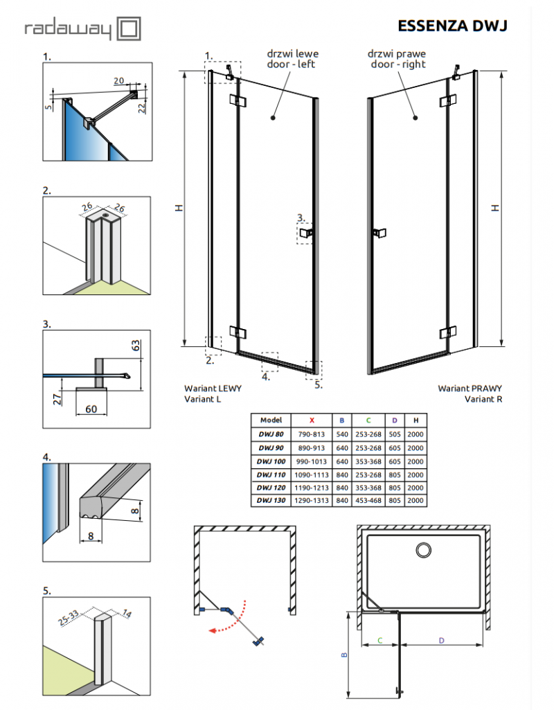 Radaway Essenza DWJ drzwi wnękowe otwierane 110 cm prawe czarny przeźroczyste Easy Clean 1385015-54-01R