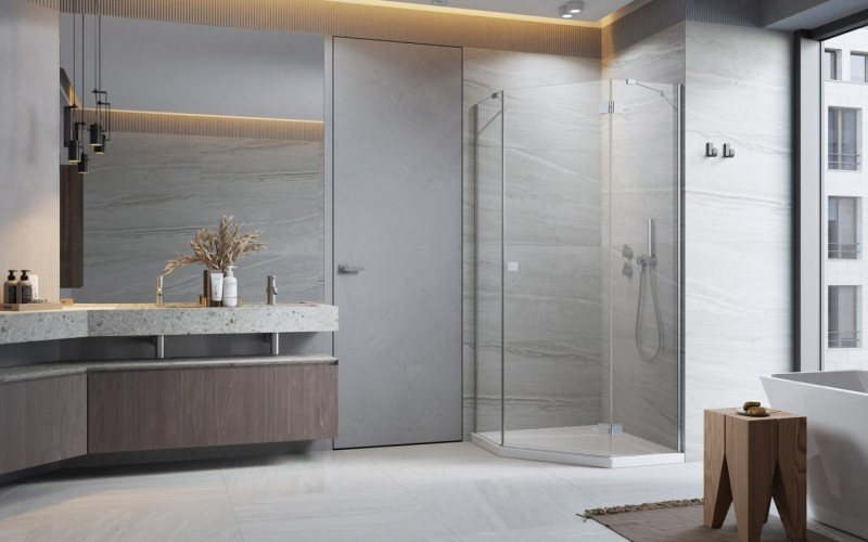 Radaway Essenza PTJ kabina pięciokątna 90x100 drzwi otwierane prawe na krótkiej ściance chrom przeźroczyste Easy Clean 1385010-01-01L + 1385056-01-01