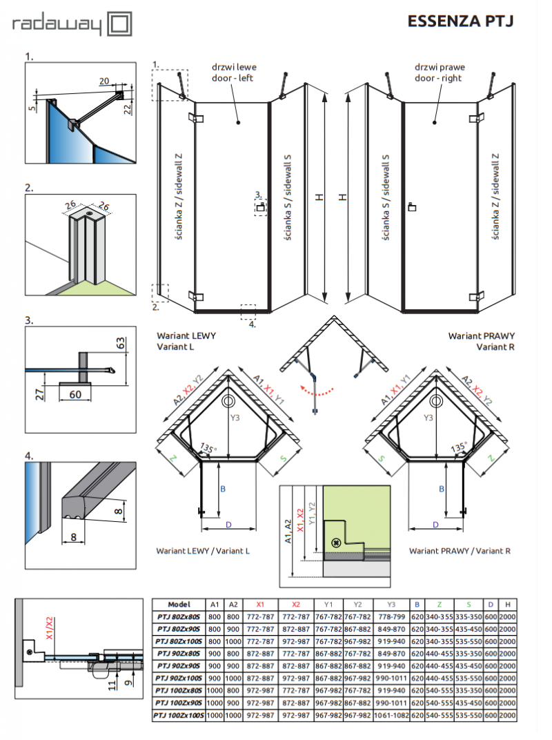 Radaway Essenza PTJ kabina pięciokątna 80x90 drzwi otwierane lewe na krótkiej ściance chrom przeźroczyste Easy Clean 1385010-01-01L + 1385052-01-01