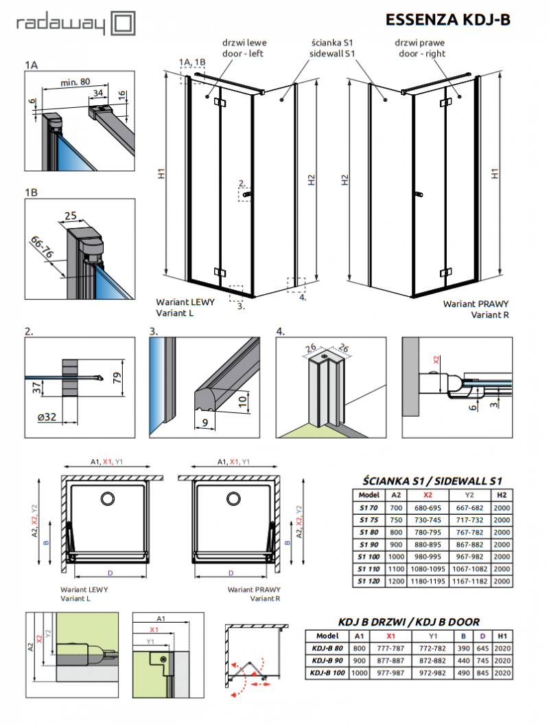 Radaway Essenza KDJ B kabina prostokątna 90x70 drzwi składane lewe 90 + ścianka 70 chrom przeźroczyste Easy Clean 1385082-01-01L + 1384048-01-01