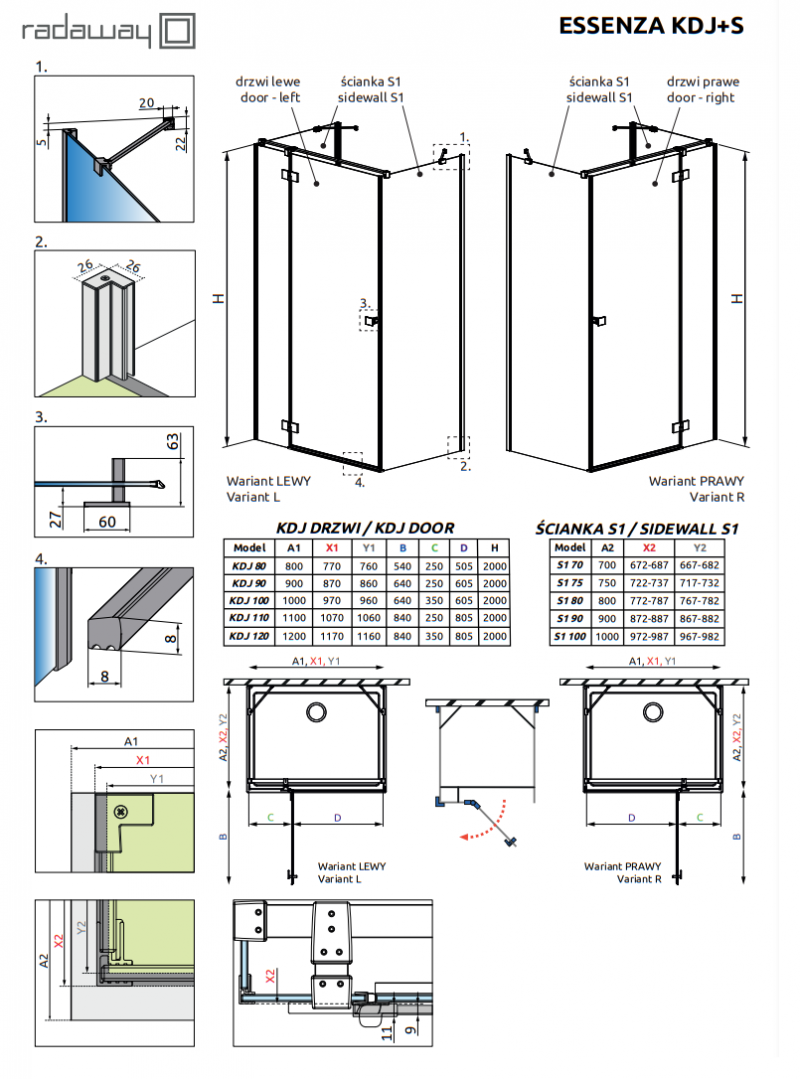 Radaway Essenza KDJ+S drzwi otwierane lewe 110 cm do kompletowania ze ściankami chrom przeźroczyste Easy Clean 1385023-01-01L