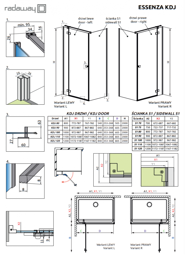 Radaway Essenza KDJ kabina prostokątna 110x80 drzwi otwierane prawe 110 + ścianka 80 chrom przeźroczyste Easy Clean 1385041-01-01R + 1384051-01-01