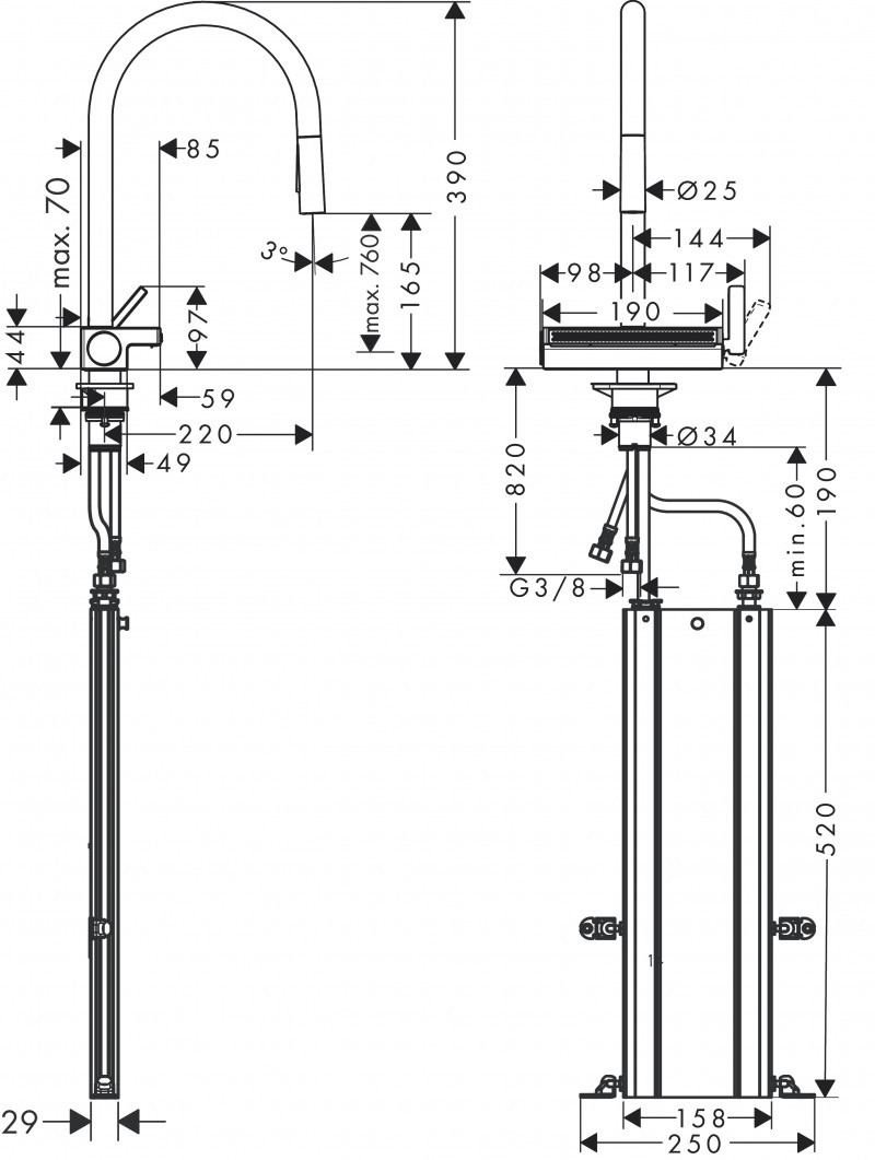 Hansgrohe Aquno Select M81 bateria kuchenna 170 z wyciąganą wylewką 3jet sBox czarny matowy 73831670