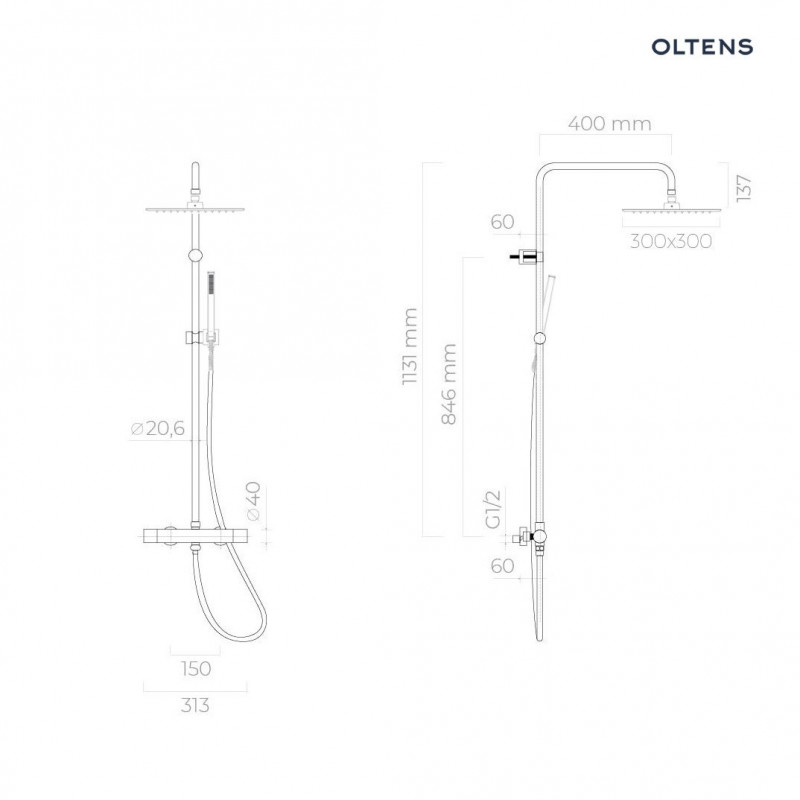 Oltens Boran kolumna zestaw prysznicowy termostatyczny z deszczownicą 30cm czarny mat 36502300