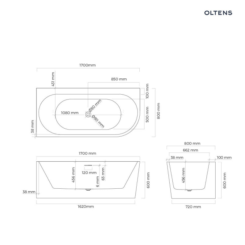 Oltens Hulda wanna wolnostojąca narożna lewa 170x80 cm przyścienna akryl biały połysk 11005000