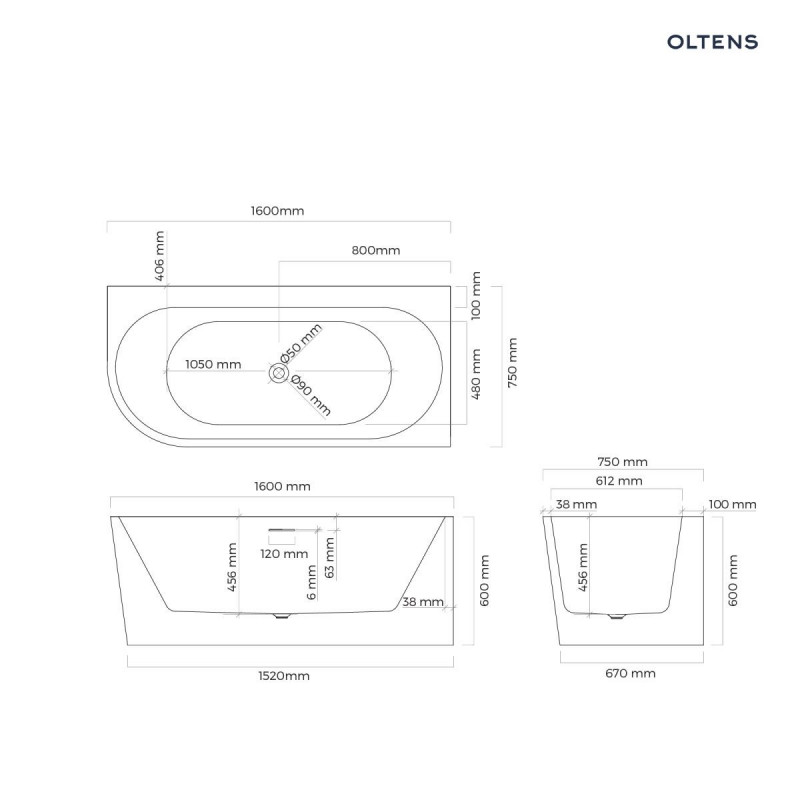 Oltens Hulda wanna wolnostojąca narożna prawa 160x75 cm przyścienna akryl biały połysk 11002000