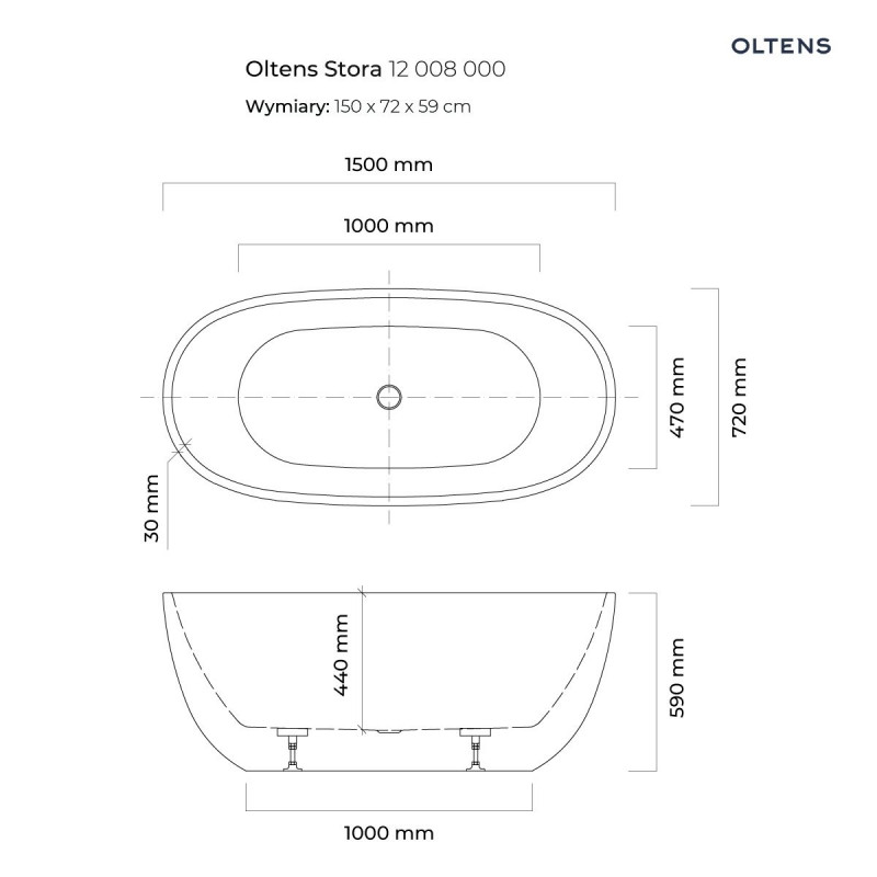 Oltens Stora wanna wolnostojąca owalna 150x7 cm akryl biały połysk 12008000