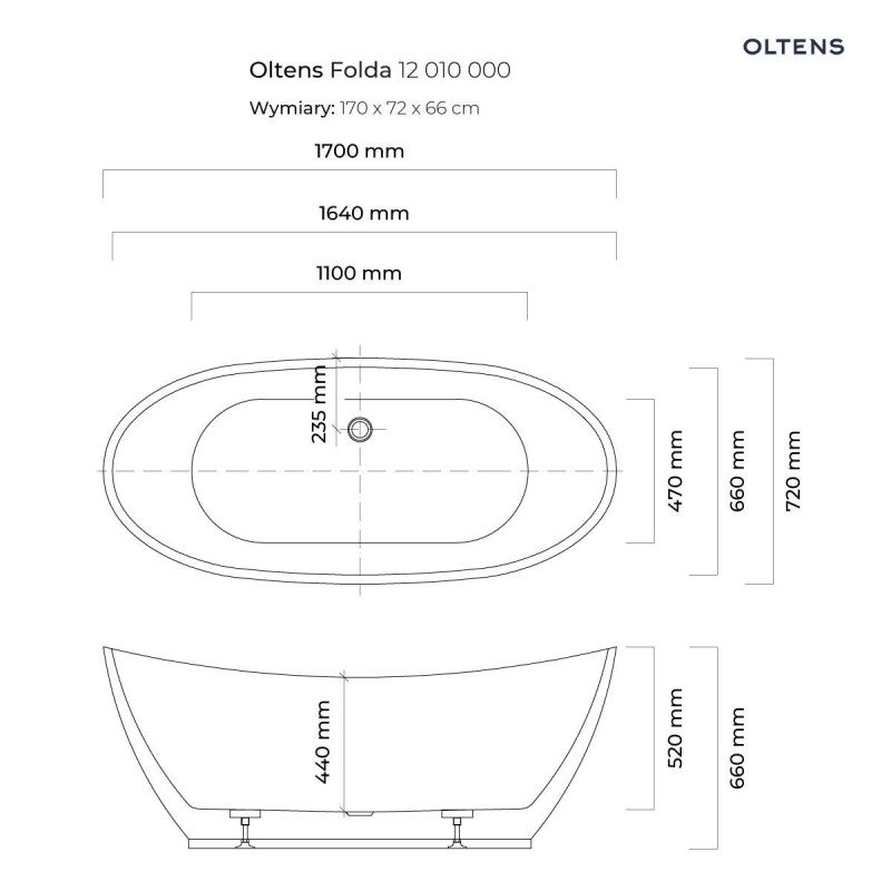 Oltens Folda wanna wolnostojąca 170x72 cm owalna akryl biały połysk 12010000