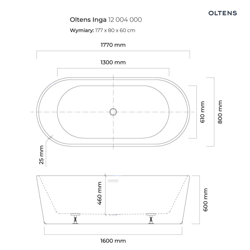 Oltens Inga wanna wolnostojąca 177x80 cm owalna akryl biały połysk 12004000