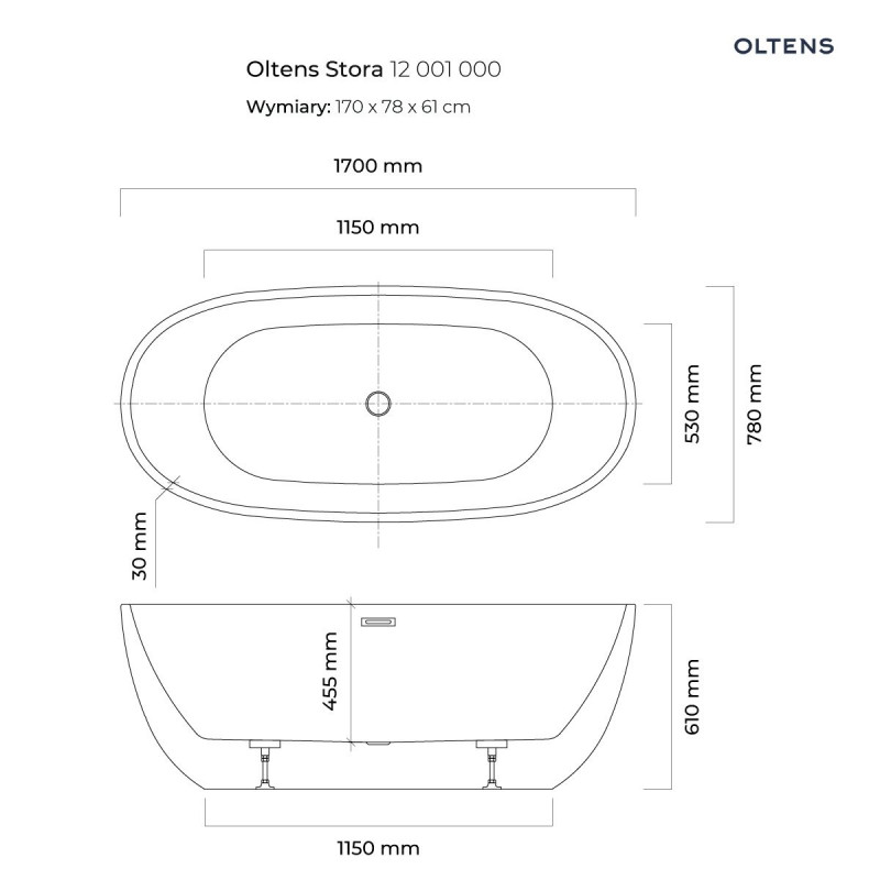 Oltens Stora wanna wolnostojąca owalna 170x78 cm akryl biały połysk 12001000