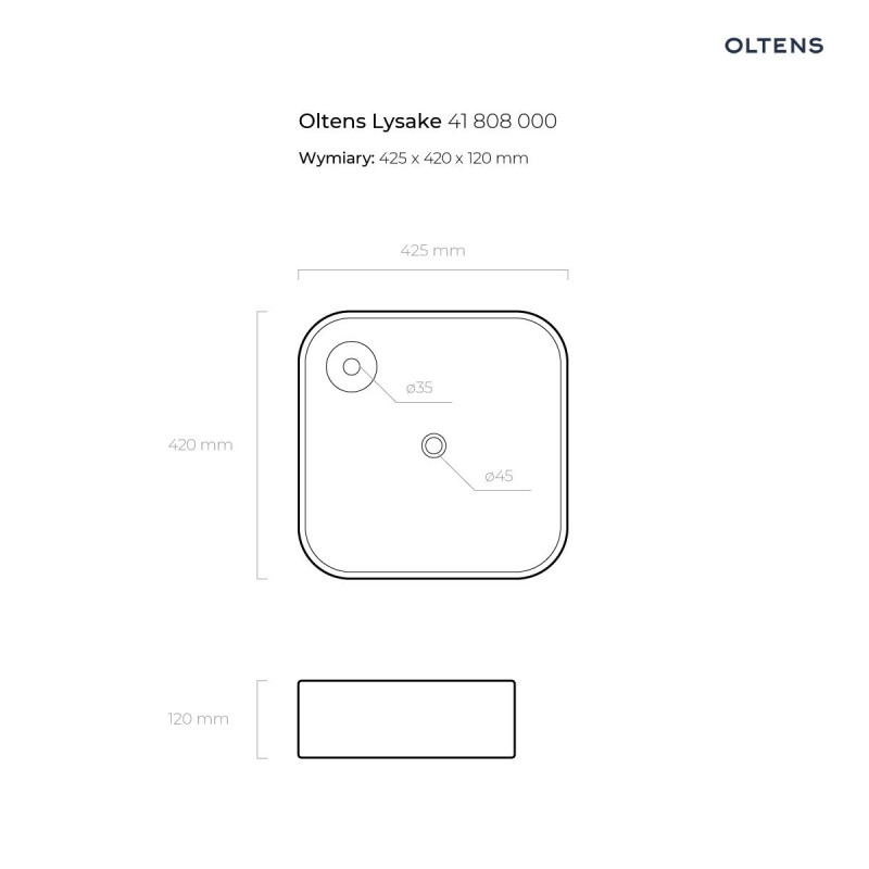Oltens Lysake umywalka 42,5x42,5 cm nablatowa kwadratowa z powłoką SmartClean biała 41808000