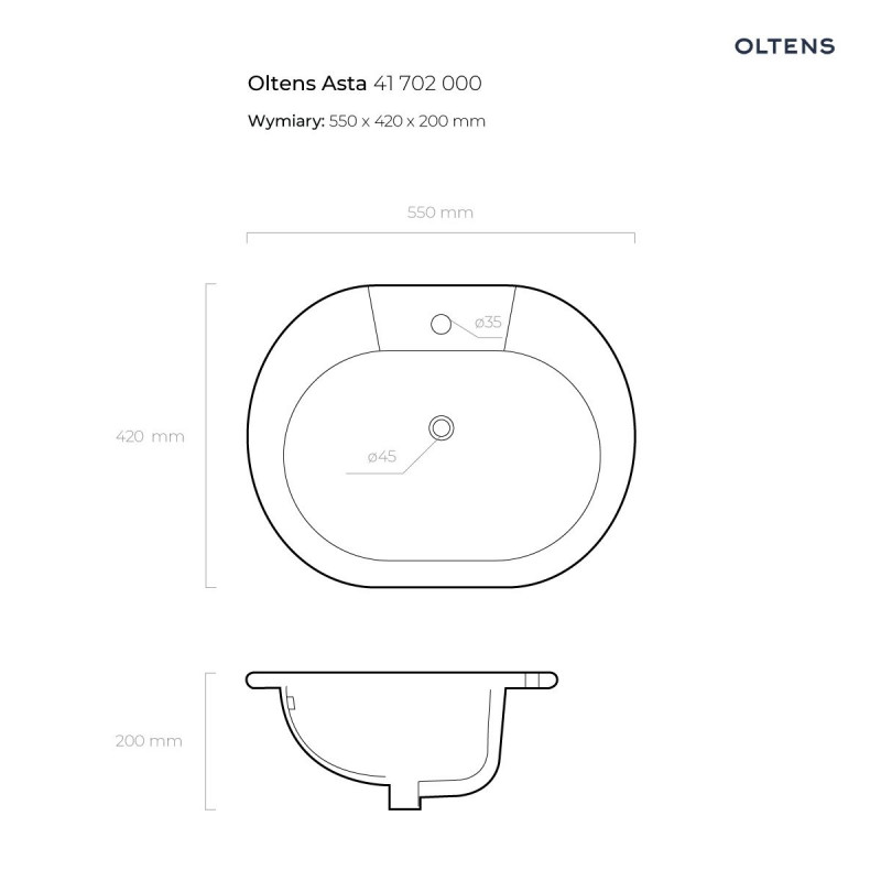 Oltens Asta umywalka 55x42 cm wpuszczana w blat owalna z powłoką SmartClean biała 41702000