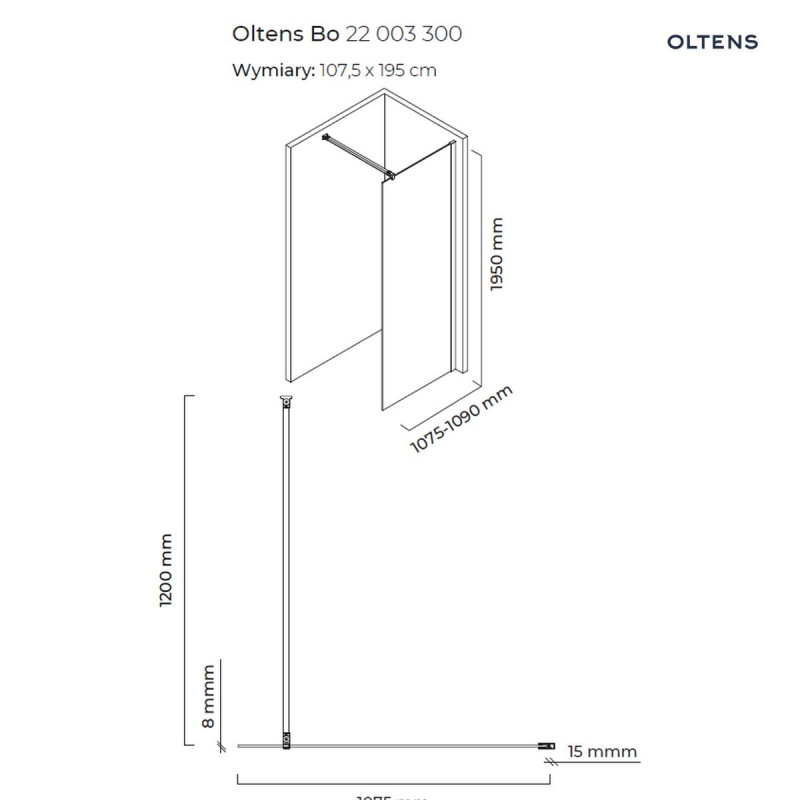 Oltens Bo Walk-in ścianka prysznicowa wolnostojąca 110 cm szkło przezroczyste profil czarny mat 22003300