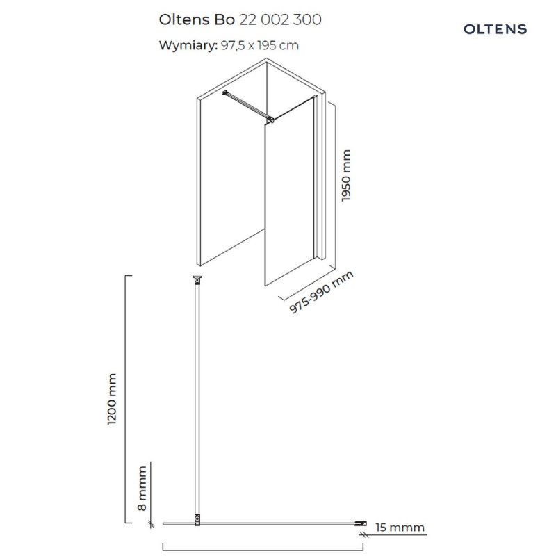 Oltens Bo Walk-in ścianka prysznicowa wolnostojąca 100 cm szkło przezroczyste profil czarny mat 22002300