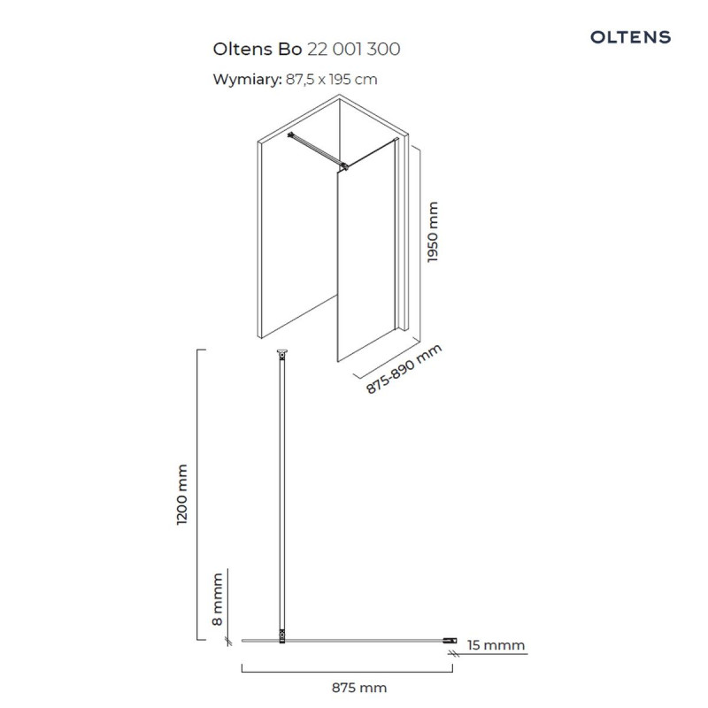 Oltens Bo Walk-in ścianka prysznicowa wolnostojąca 90 cm szkło przezroczyste profil czarny mat 22001300