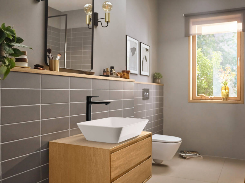 Hansgrohe FinishPlus Rebris E bateria umywalkowa wysoka 240 CoolStart z korkiem czarny matowy 72581670