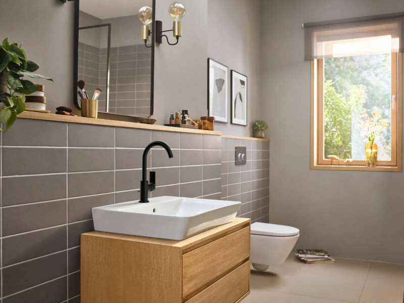 Hansgrohe FinishPlus Rebris E bateria umywalkowa 210 z obrotową wylewką z korkiem czarny matowy 72576670