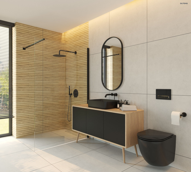 Oltens Hamnes zestaw muszla wisząca PureRim z powłoką SmartClean z deską wolnoopadającą Ovan Slim czarny mat 42514300