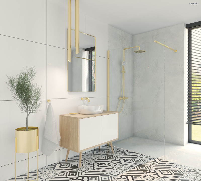 Oltens Atran kolumna zestaw prysznicowy termostatyczny z deszczownicą i słuchawką złoty połysk 36500800