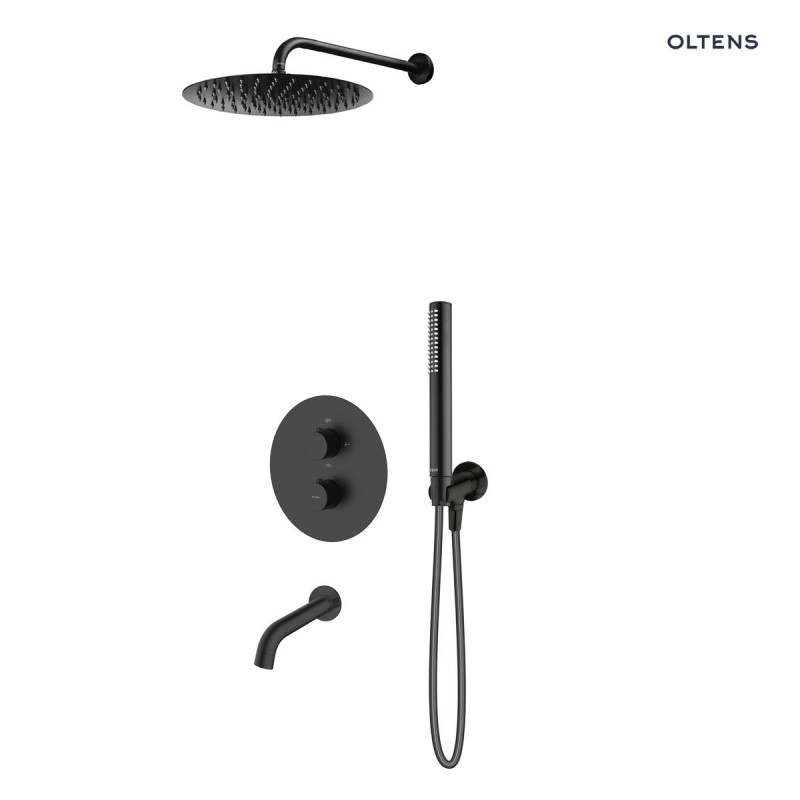 Oltens Katla komplet zestaw termostatyczny podtynkowy wannowy z wylewką, deszczownicą 30 cm i słuchawką czarny matowy 36611300
