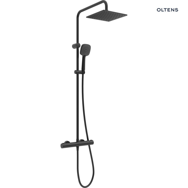 Oltens Atran S kolumna zestaw prysznicowy termostatyczny z deszczownicą kwadratową i słuchawką czarny mat 36501300