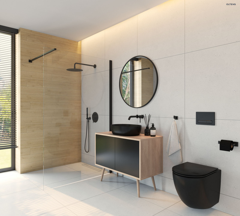 Oltens Hamnes umywalka 46,5x37,5 cm nablatowa z powłoką SmartClean czarny mat 40801300