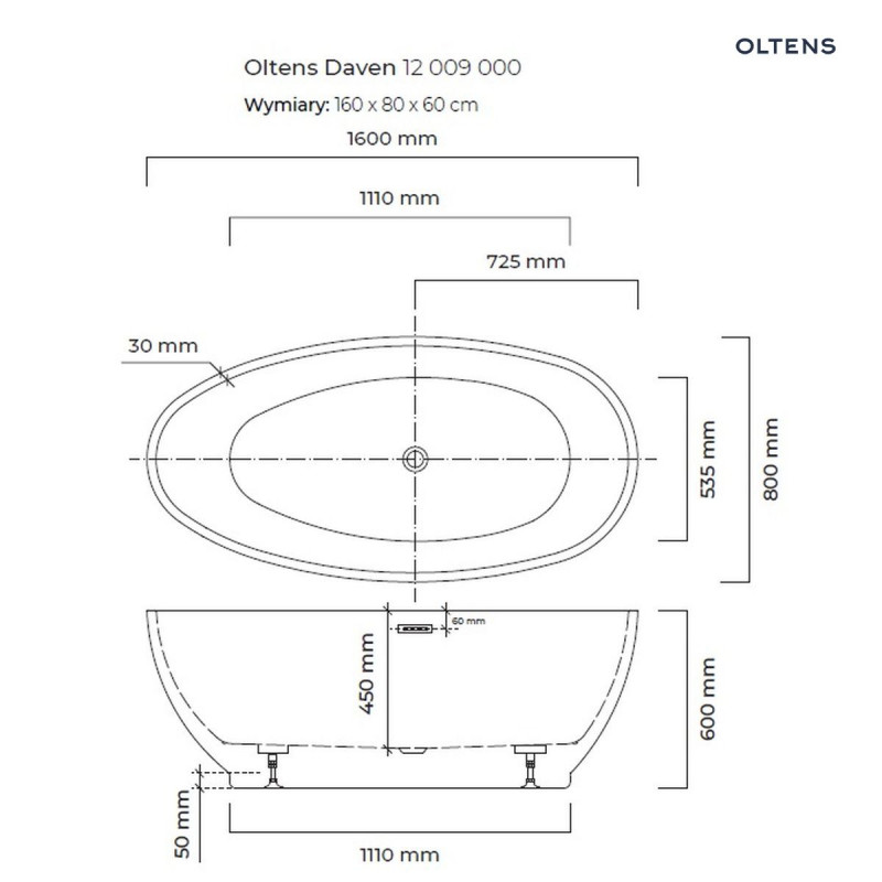 Oltens Daven wanna wolnostojąca 160x80 cm akryl biały połysk 12009000