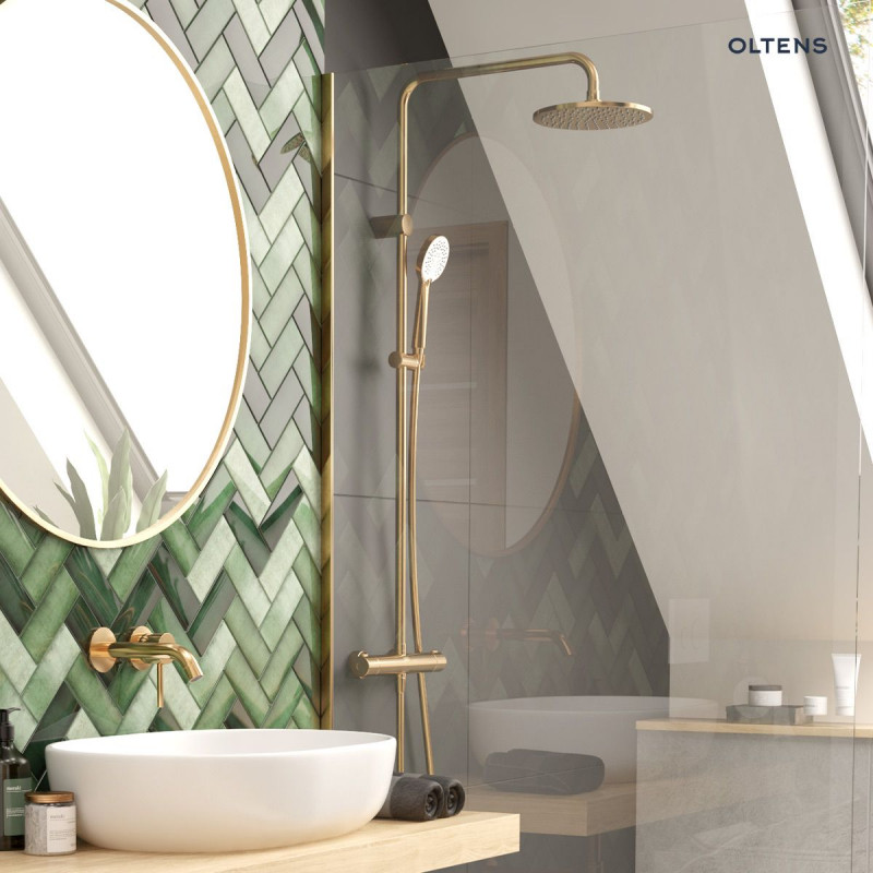 Oltens Atran kolumna zestaw prysznicowy termostatyczny z deszczownicą i słuchawką złoty połysk 36500800