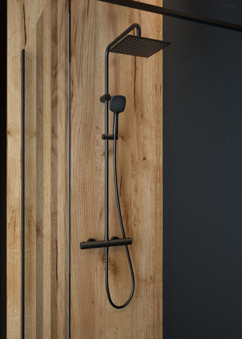 Oltens Atran S kolumna zestaw prysznicowy termostatyczny z deszczownicą kwadratową i słuchawką czarny mat 36501300
