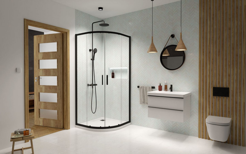 Radaway Premium Pro Black PDD kabina półokrągła asymetryczna 90Lx100P drzwi przesuwne czarny przeźroczyste Easy Clean 1013000-01-01 + 1013800-54-01