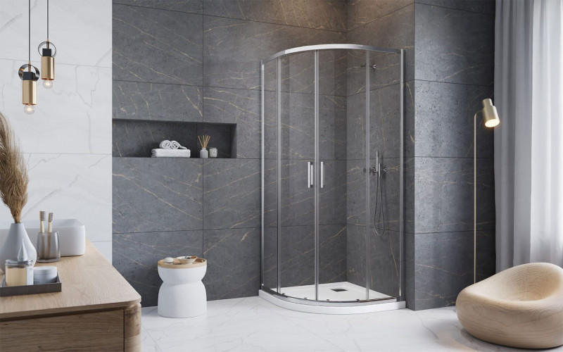 Radaway Premium Pro PDD kabina półokrągła asymetryczna 90Lx80P drzwi przesuwne chrom przeźroczyste Easy Clean 1013000-01-01 + 1013500-01-01