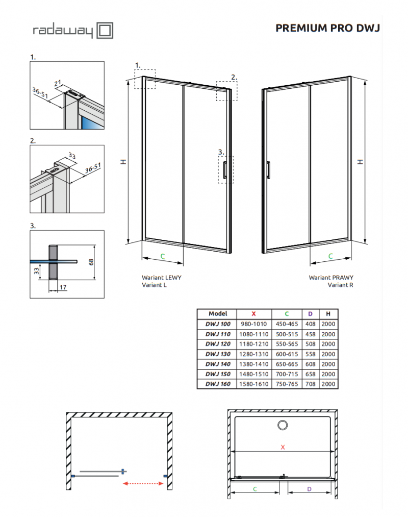 Radaway Premium Pro Black DWJ drzwi wnękowe przesuwne 160 cm prawe czarny przeźroczyste Easy Clean 1014160-54-01R