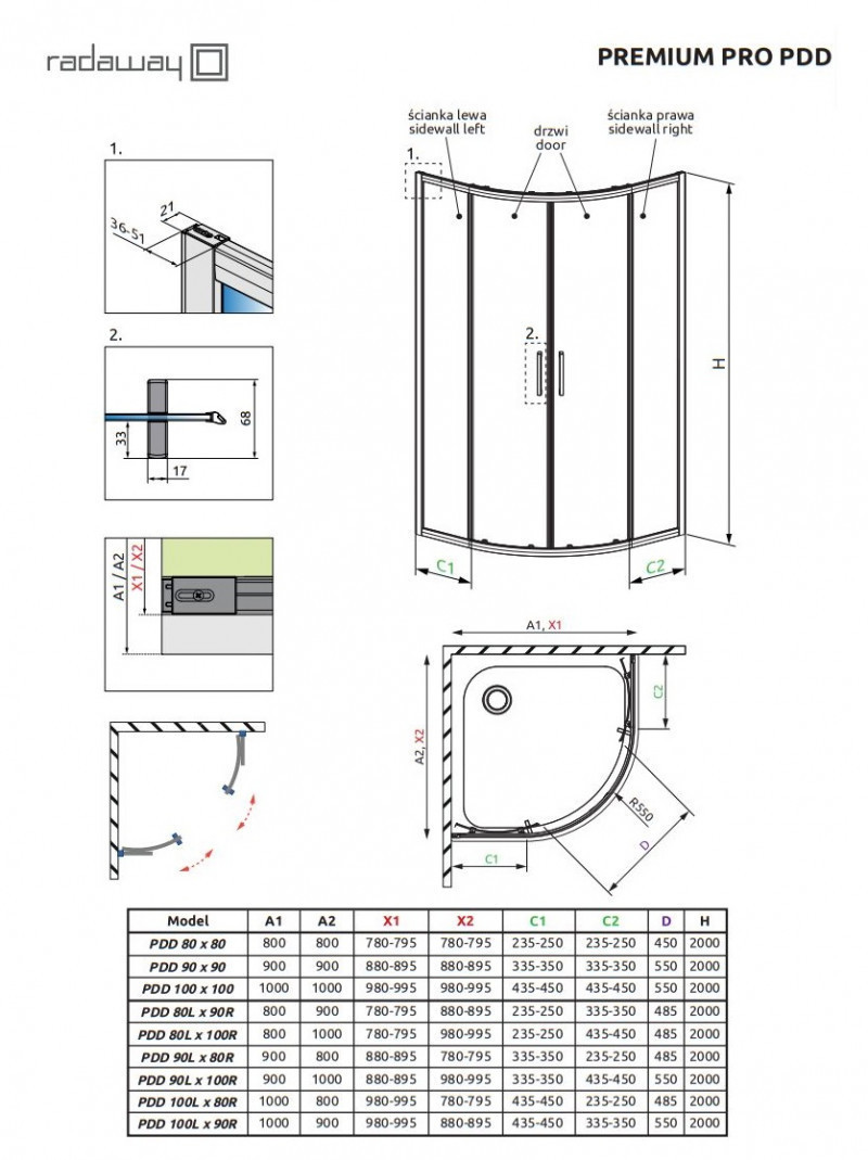 Radaway Premium Pro PDD kabina półokrągła asymetryczna 100Lx90P drzwi przesuwne chrom przeźroczyste Easy Clean 1013000-01-01 + 1013900-01-01