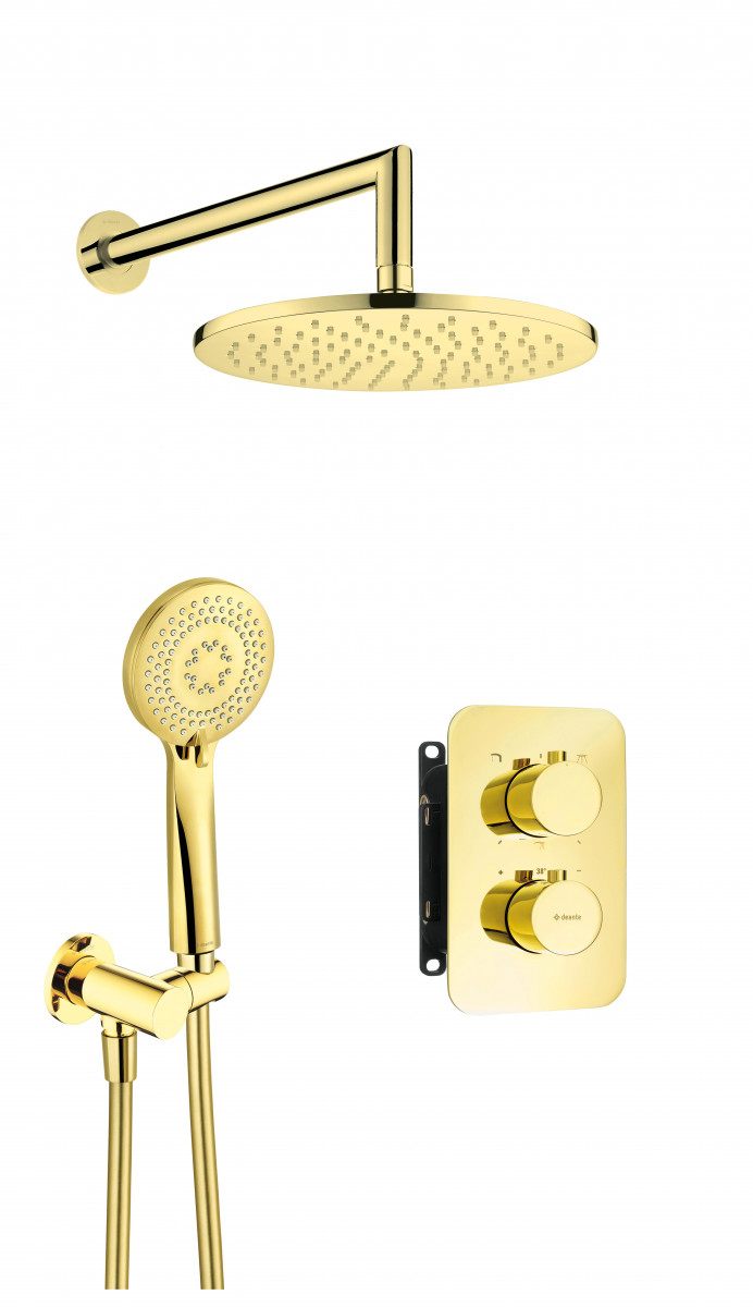 Deante Box termostatyczny zestaw prysznicowy podtynkowy z deszczownicą 25x25 złoty BXYZGEBT