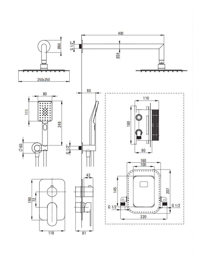 Deante Alpinia zestaw prysznicowy podtynkowy z deszczownicą 25x25 chrom połysk BXYZ0GAM